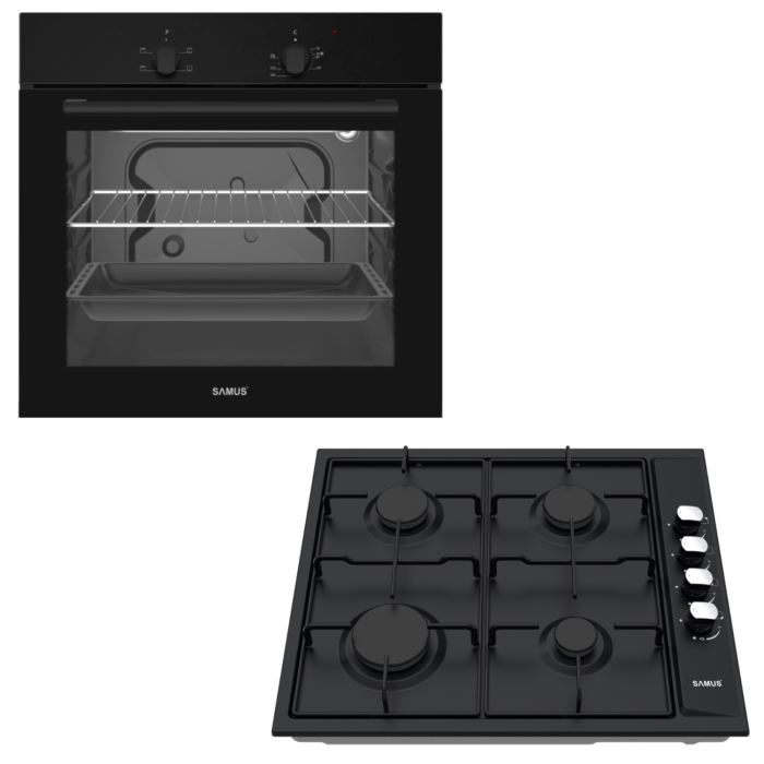 Pachet incorporabil, Cuptor electric, capacitate 62L, putere 2200W, grill, clasa A, 4 functii, Plita incorporabila, aprindere electrica, 4 arzatoare, Negru, SAMUS [1]