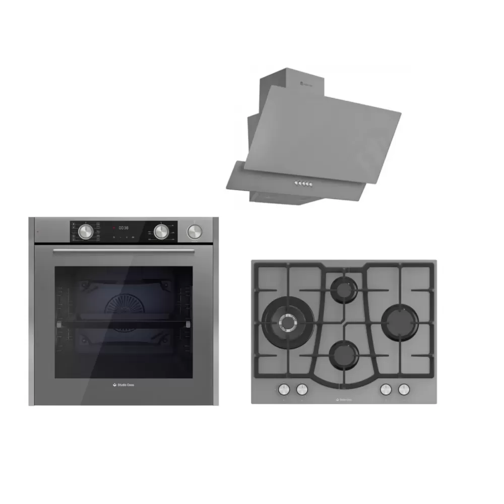 Pachet incorporabil, Cuptor electric gri, 81L, grill, rotisor, 10 functii, Plita sticla gri 70cm, Hota decorativa sticla gri, touch screen, Studio Casa Glamour Aqua Cooking [1]