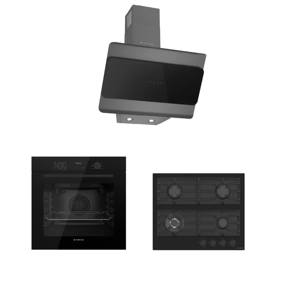 Pachet incorporabil, Cuptor electric negru, 78L, 7 functii, Plita sticla neagra 60cm, 4 arzatoare, Hota decorativa sticla neagra, 60cm, touch screen, Studio Casa Black Rialto [1]
