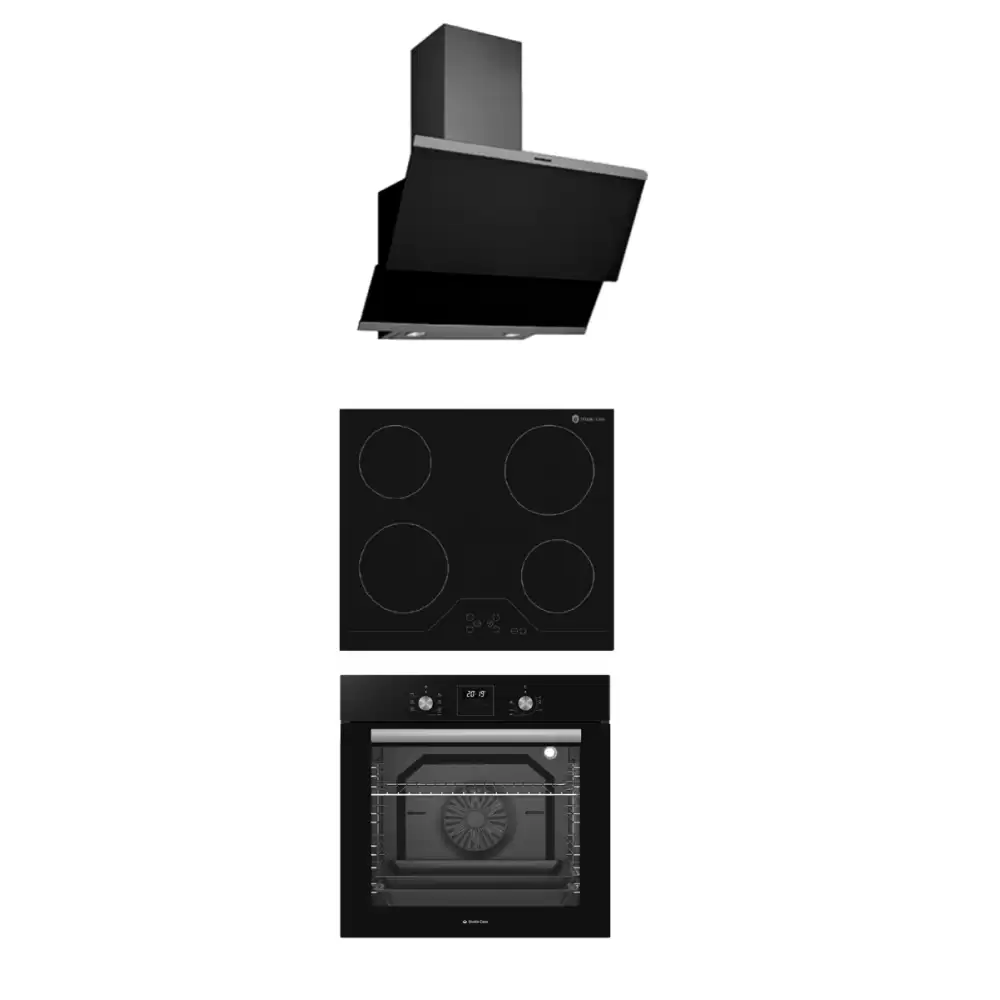 Pachet incorporabil, Cuptor electric negru, 80L, 8 functii, grill, ventilatie, clasa A, Plita sticla neagra vitroceramica 60cm, 4 arzatoare, 9 trepte, Hota decorativa neagra, Studio Casa Elektric Ambe [1]