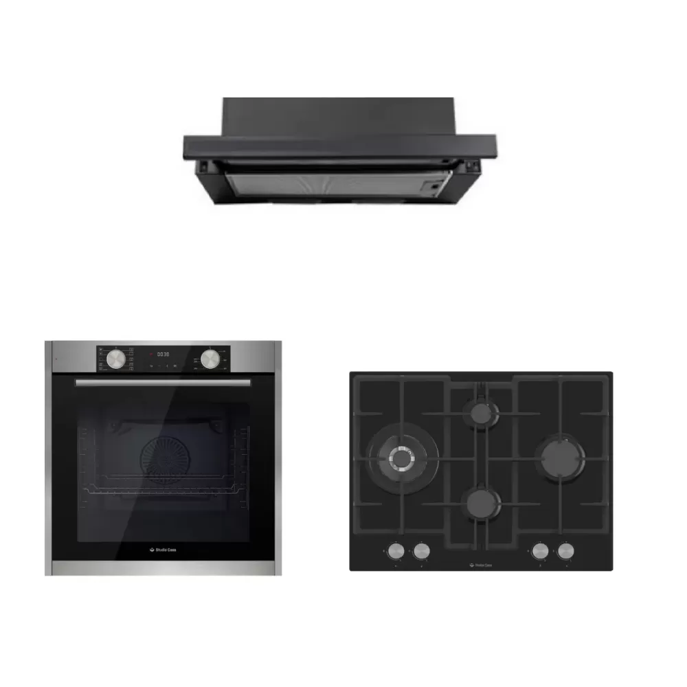 Pachet incorporabil, Cuptor electric negru, 81L, 10 functii, autocuratare, grill, rotisor, ventilatie, Plita sticla neagra 70cm, 4 arzatoare, Hota telescopica neagra Studio Casa Nero Bellagio [1]