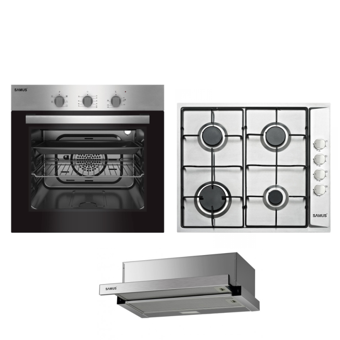 Pachet incorporabil Inox, Cuptor electric, 56 Lt, putere 2200W, 60 cm, 5 functii, ventilator, Plita incorporabila inox, 4 arzatoare, 58 cm, Hota telescopica inox, 1 motor, 60 cm, SAMUS [1]