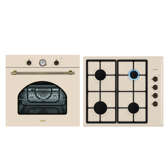 Pachet incorporabil rustic, Cuptor electric, 56 L, 7 functii, putere 2200 W, grill, ventilator, clasa A, Plita incorporabila, 4 arzatoare, aprindere electrica, gratare fonta, Beige, SAMUS [1]