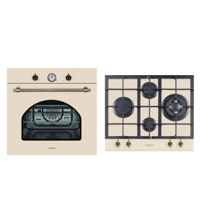 Pachet incorporabil rustic, Cuptor electric, 56 L, 7 functii, putere 2200 W, grill, ventilator, clasa A, Plita incorporabila, sticla, 4 arzatoare, aprindere electrica, gratare fonta, Beige, SAMUS [1]