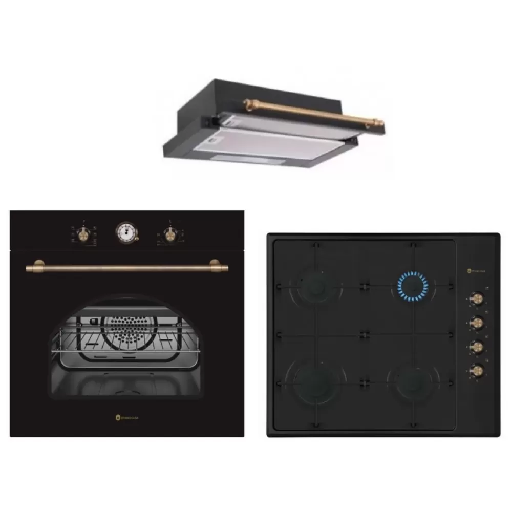 Pachet rustic incorporabil, Cuptor electric 56 L, 6 functii, ventilatie, timer, Plita rustica, 60 cm, aprindere electrica, Hota telescopica, 60 cm, 2 motoare, 3 viteze, Negru, Studio Casa Trio Nero [1]
