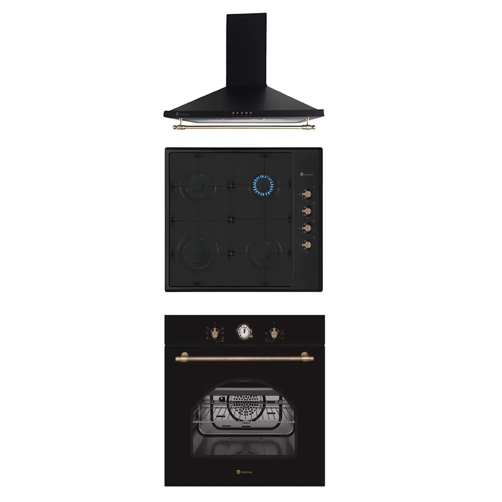 Pachet rustic incorporabil, Cuptor electric 56 L, convectie, 6 programe, Plita rustica pe gaz, aprindere electrica, email, Hota rustica decorativa, 3 viteze, 1 motor, Studio Casa Dolce Vita Black [1]