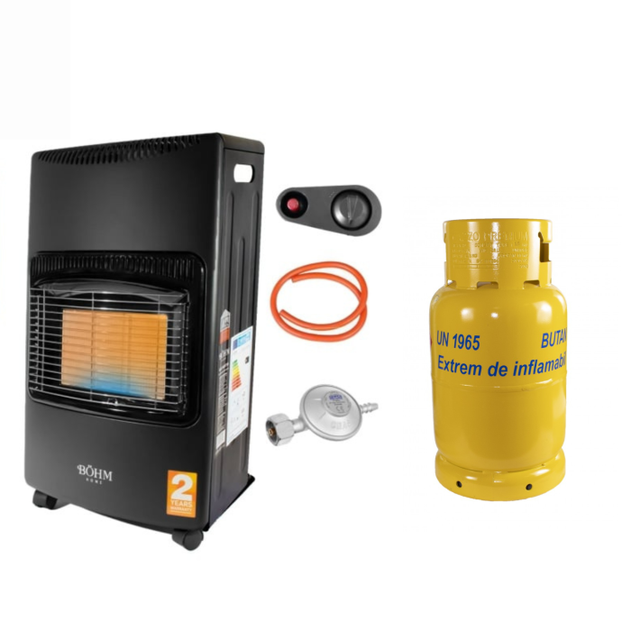 Pachet Soba gaz + Butelie GPL, furtun+ceas+coliere, aprindere electrica, 4200 W, 3 trepte, roti, recomandata pt 20-80 m², Bohm [1]