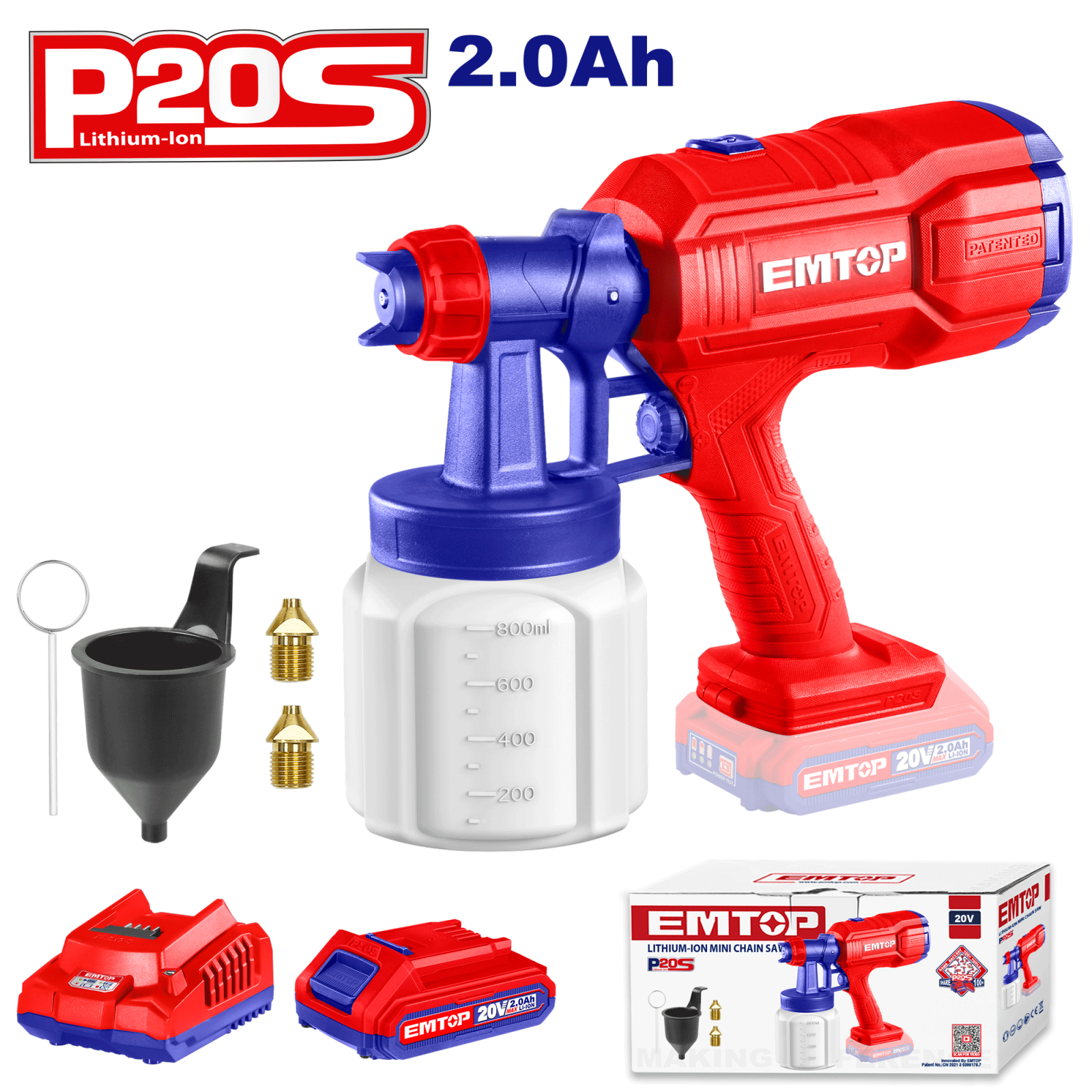 Pistol de vopsit cu acumulator, 20V, 2.0Ah, vas 800ml, accesorii incluse, EMTOP [1]