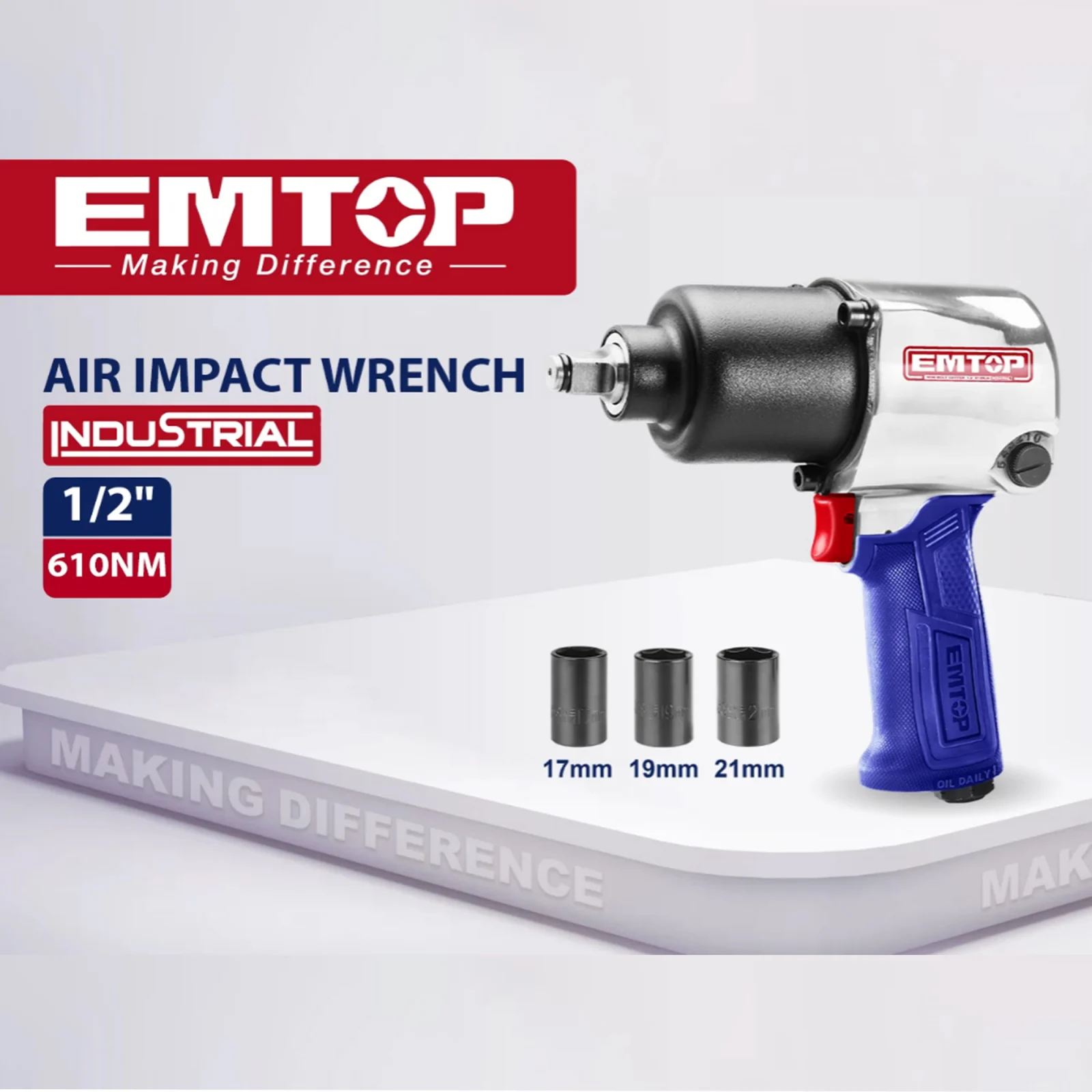 Pistol impact, pneumatic, 610Nm, 3 capete (17mm,19mm,21mm), 6.2 bar, EMTOP [6]