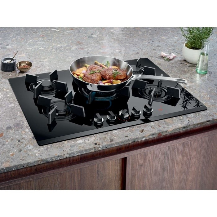 Plită incorporabilă Electrolux KGG753753K, Gaz pe Sticlă, 5 Arzătoare, WOK, FlameLight, StepPower, Hob2Hood, Timer, Grătare Fontă, 75 cm, Negru. [2]
