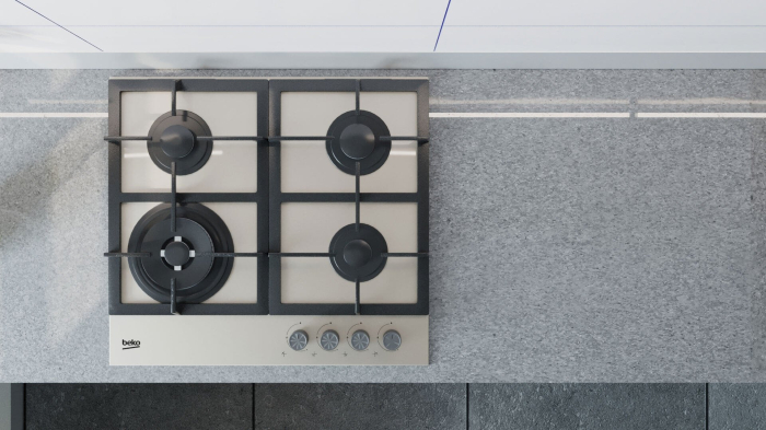 Plita incorporabila pe gaz, 4 arzatoare, aprindere electrica, gratare fonta, sticla, WOK, Gri, BEKO [5]