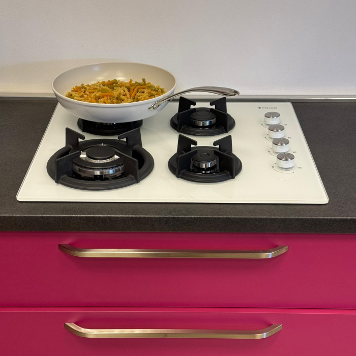 Plita incorporabila pe gaz, 4 arzatoare, aprindere electrica, sticla alba, kit GPL, gratare fonta, Alb, PYRAMIS [3]