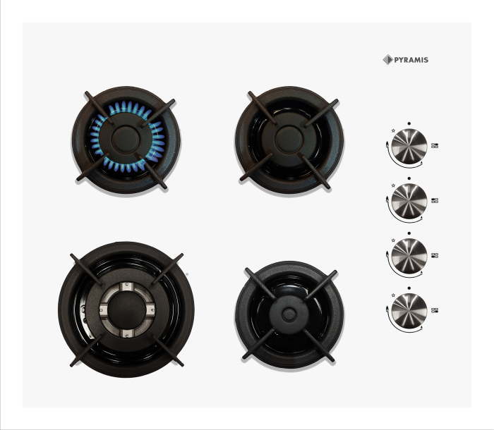 Plita incorporabila pe gaz, 4 arzatoare, aprindere electrica, sticla alba, kit GPL, gratare fonta, Alb, PYRAMIS [2]