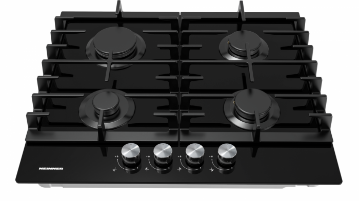 Plita incorporabila pe gaz, sticla, 4 ochiuri, aprindere electrica, gratare din fonta, negru, Heinner [2]