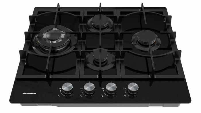 Plita incorporabila pe gaz, sticla, 4 ochiuri, aprindere electrica, gratare fonta, negru, Heinner [3]