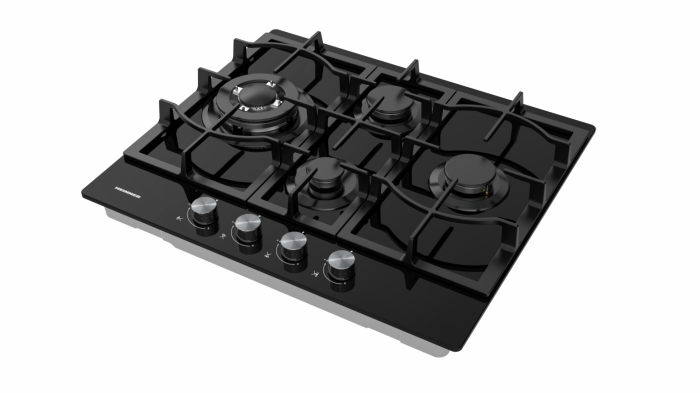 Plita incorporabila pe gaz, sticla, 4 ochiuri, aprindere electrica, gratare fonta, negru, Heinner [2]