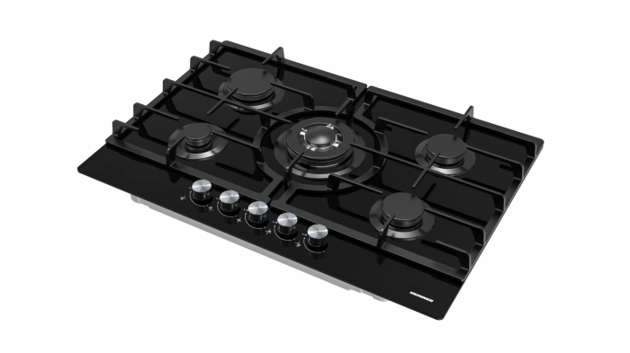 Plita incorporabila pe gaz, sticla, 5 ochiuri, aprindere electrica, gratare fonta, negru, Heinner [2]