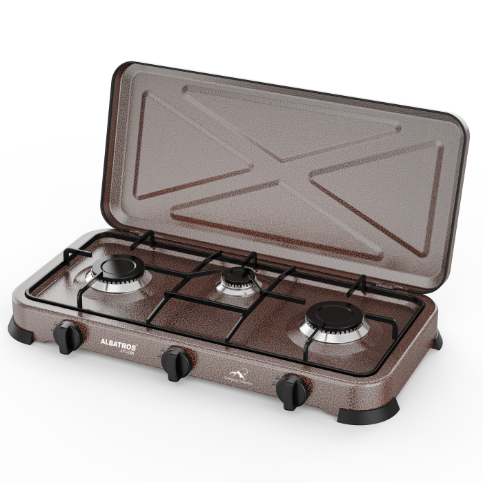 Plita pe gaz GPL, 3 arzatoare, capac metalic, emailata, Maro, ALBATROS [2]