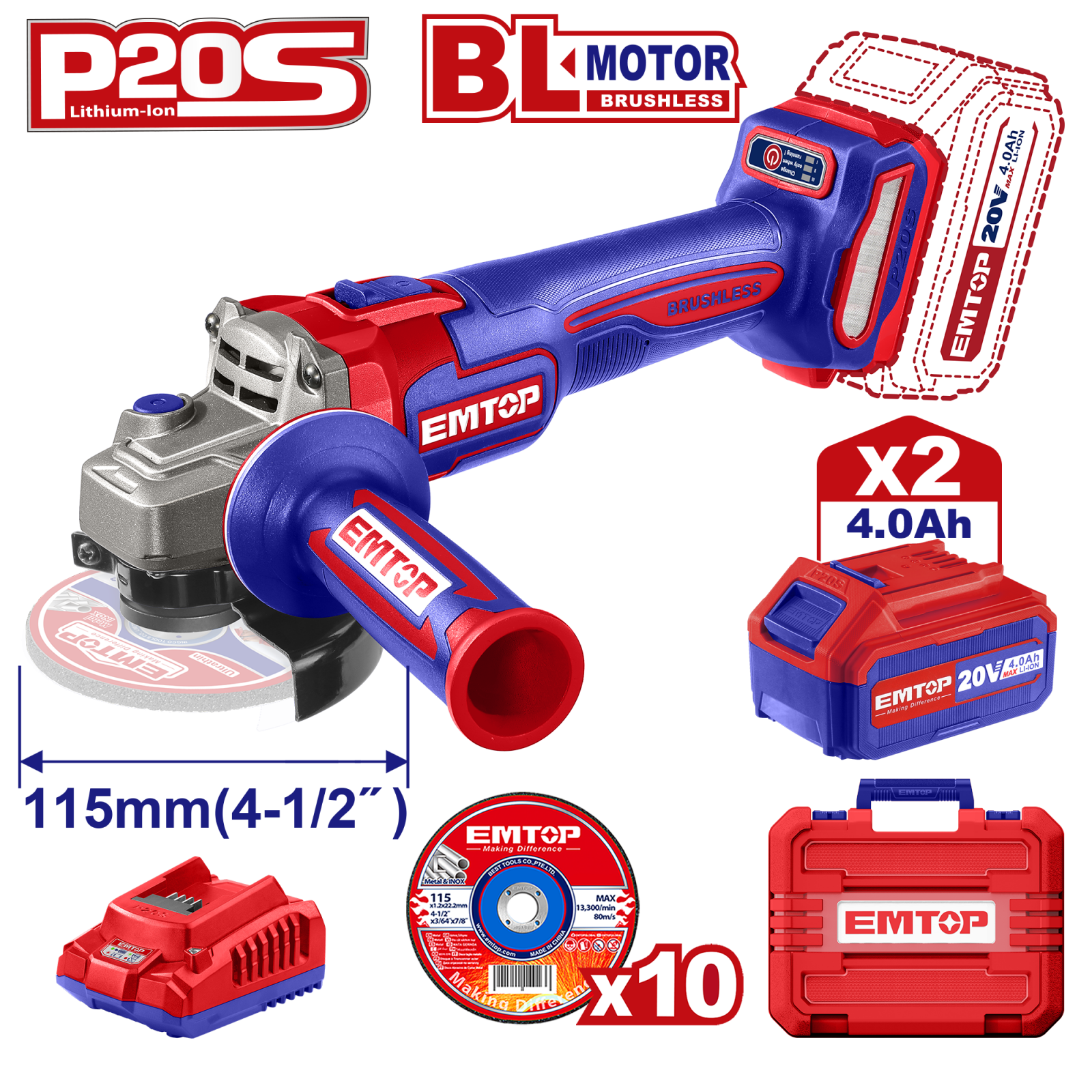 Polizor unghiular cu acumulator, 2 acumulator 20V 4.0Ah, 115mm, 10 discuri incluse, valiza transport, EMTOP [1]