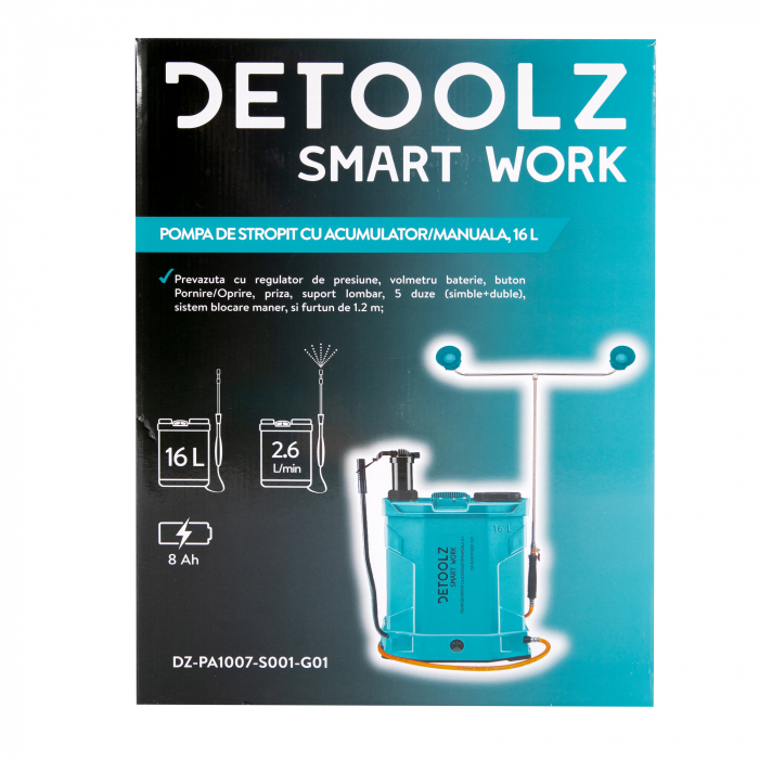 Pompa de stropit 2 in 1, acumulator + manuala, 16 L, 12 V, 8 Ah, 5.5 Bar, autonomie 3 h, Detoolz [15]