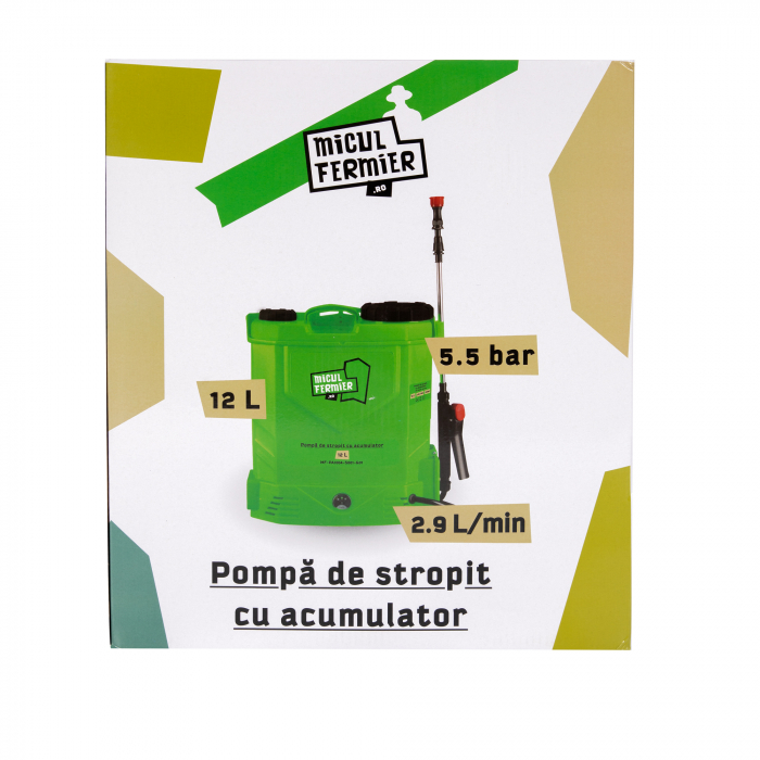 Pompa de stropit cu acumulator, 12 L, 12V, 5.5 Ah, 8 Bar, Micul Fermier [12]