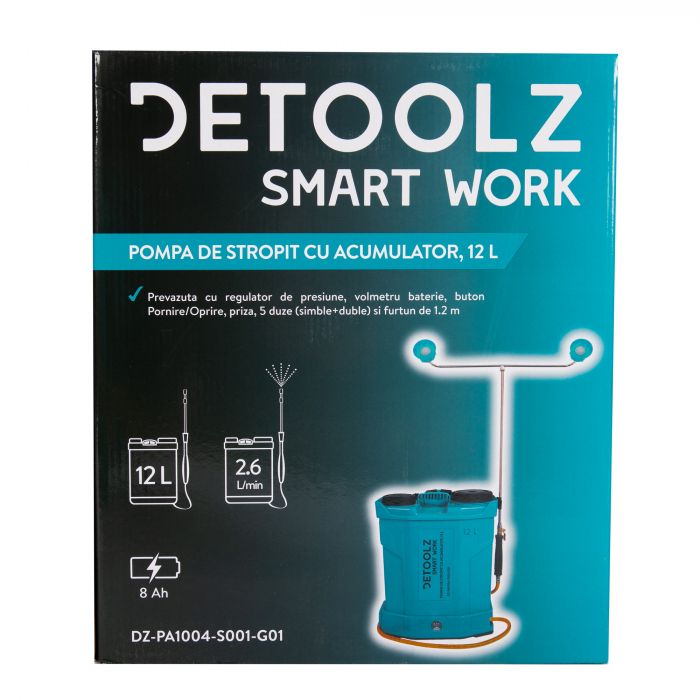 Pompa de stropit cu acumulator, 12 L, 8 Ah, 5.5 Bar, tija dubla, 12 V, Detoolz [12]