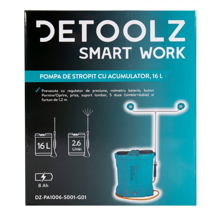 Pompa de stropit cu acumulator, 16 L, 8 Ah, 5.5 Bar, tija dubla, 12 V, Detoolz [14]