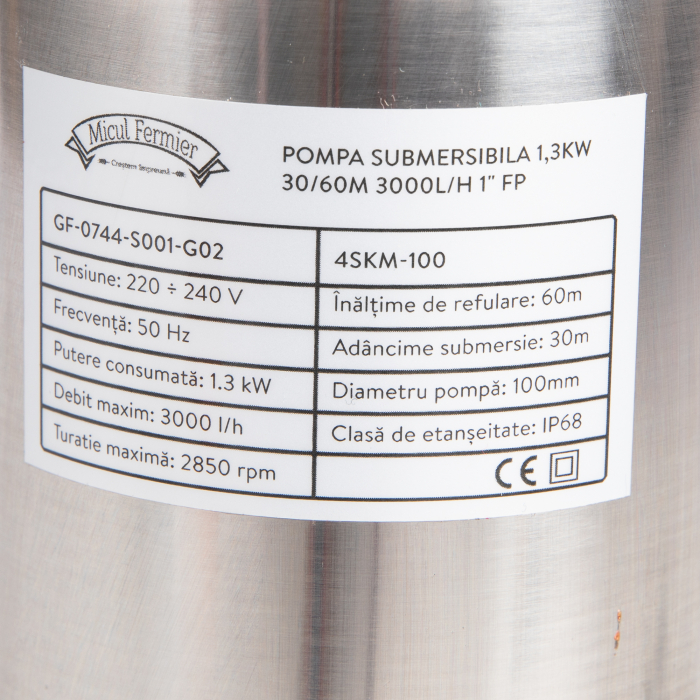 Pompa submersibila, adancime, 1,3kW, 30m adancime, refulare 60m,  3000l/h, 1", Micul Fermier GF-0744-S001-G02 [7]