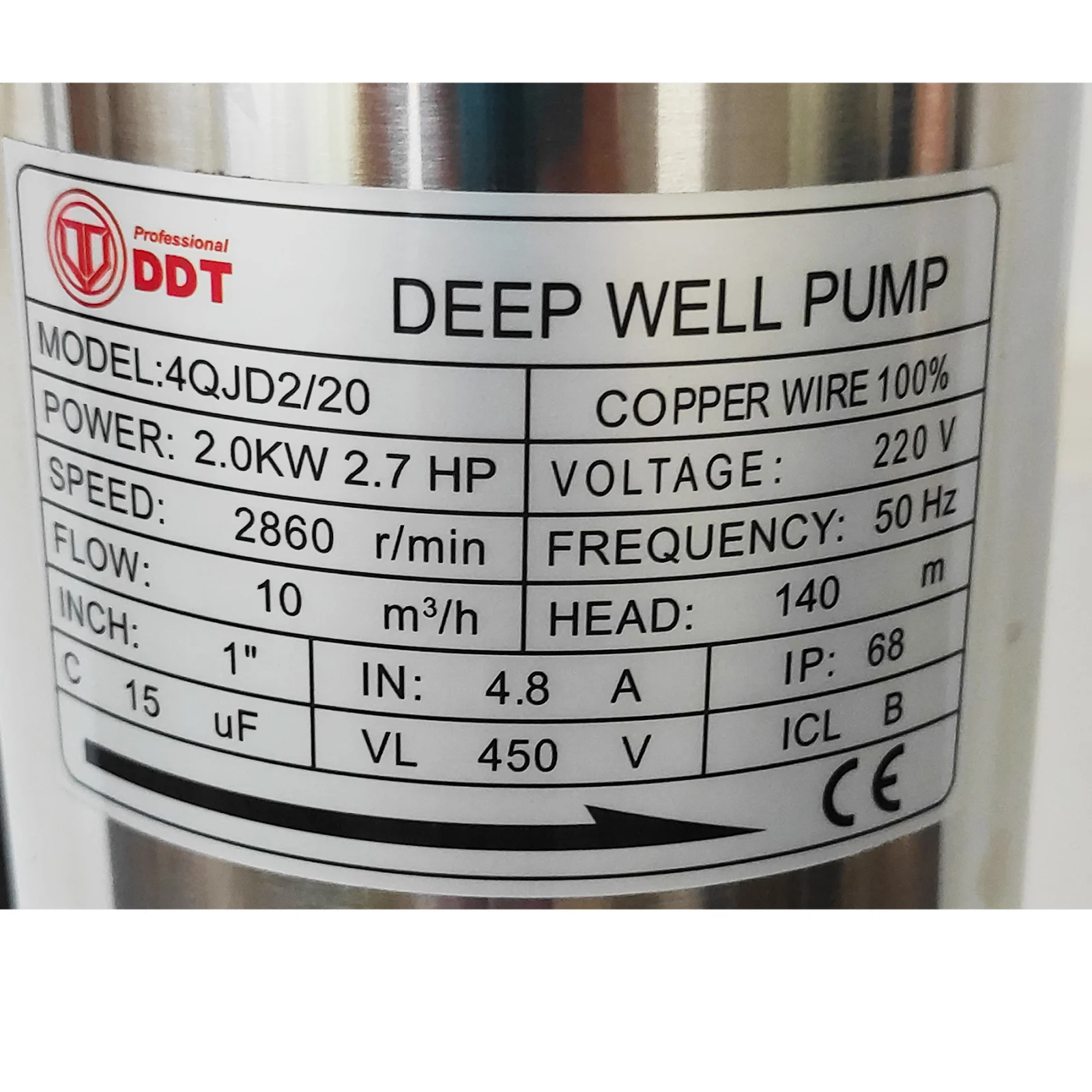 Pompa submersibila de adancime, apa curata, 20 turbine, cupru, cablu 30m, 2000W, 10 m³/h, 1" tol, DDT 4QJD2-20 [4]
