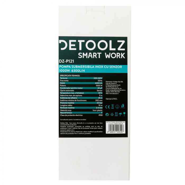 Pompa submersibila, inox, cu senzor, 1000W, 6300L/H, adancime 9m, refulare 35m, 1" Tol, Detoolz DZ-P121 [12]