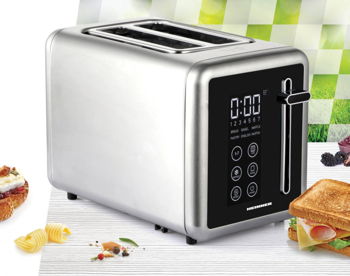Prajitor de paine, capacitate 2 felii, decongelare, display digital, touch, 7 nivele rumenire, Inox, HEINNER [2]