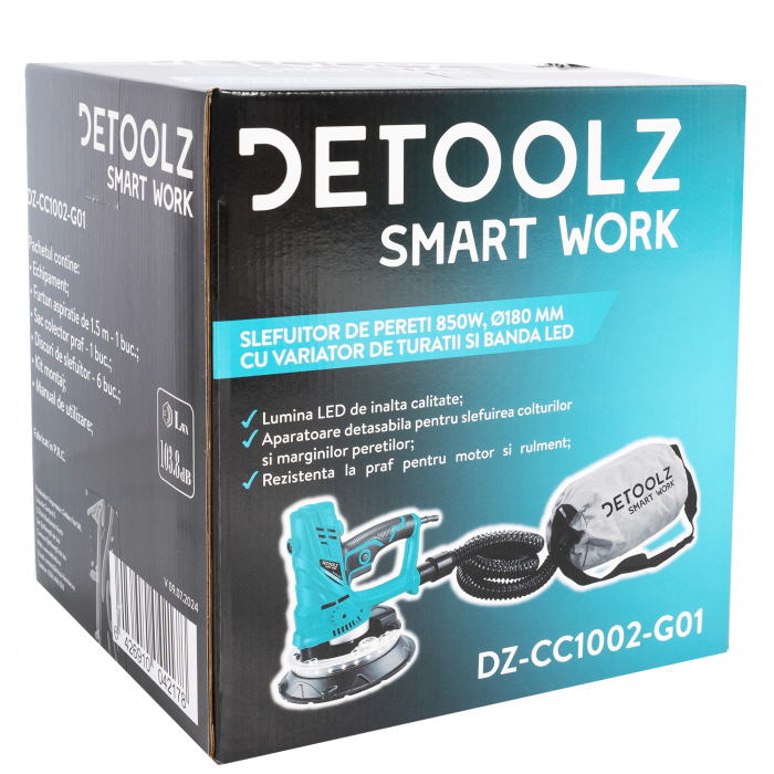 Slefuitor de pereti, electric, variator turatie, banda LED, 850W, Ø180mm, 230V, sac aspirare, Detoolz [16]