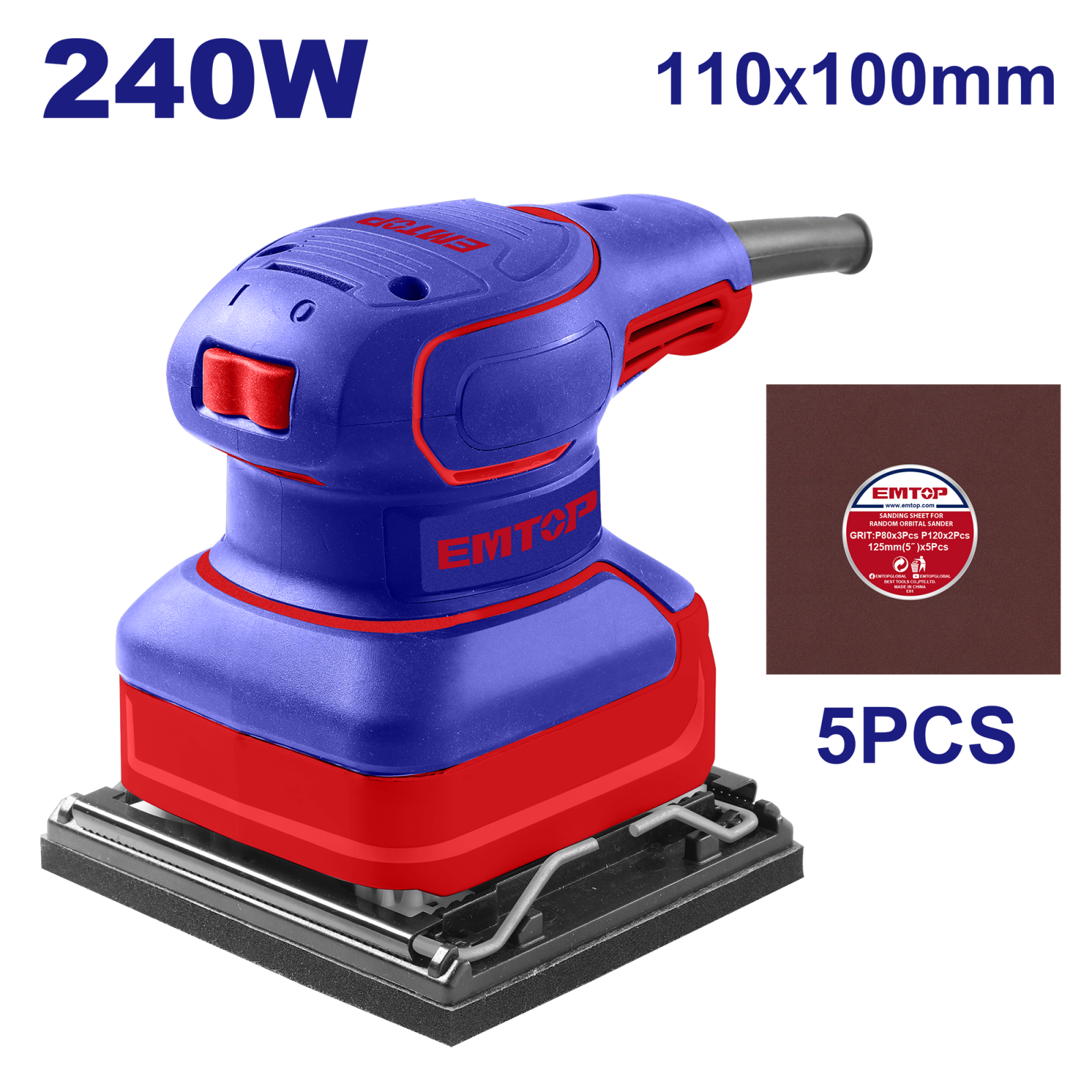 Slefuitor electric cu vibratii, 110x100mm, 220V, 240W, 5 panze cadou, EFSR24101 EMTOP [2]