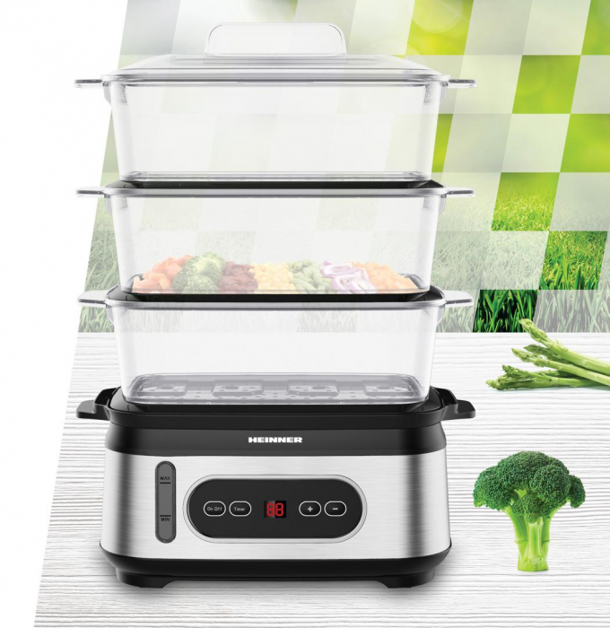 Steamer cu aburi, 3 vase gatire, capacitate 9L, 950W, protectie, Heinner HSA-D950SS [2]