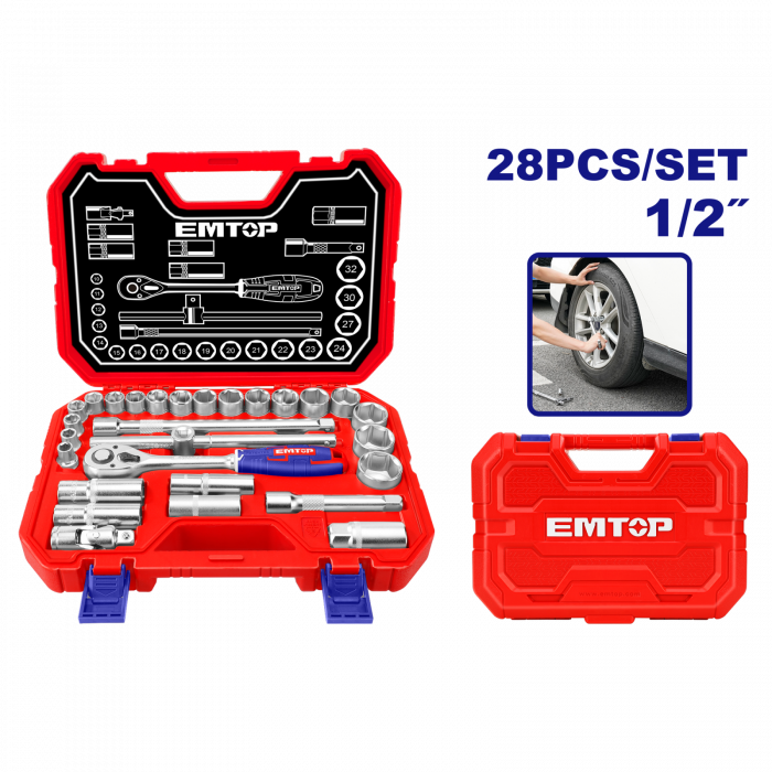 Trusa de chei tubulare, cu clichet, 1/2", 28 piese, Chrome Vanadium, cutie transport, EMTOP [1]