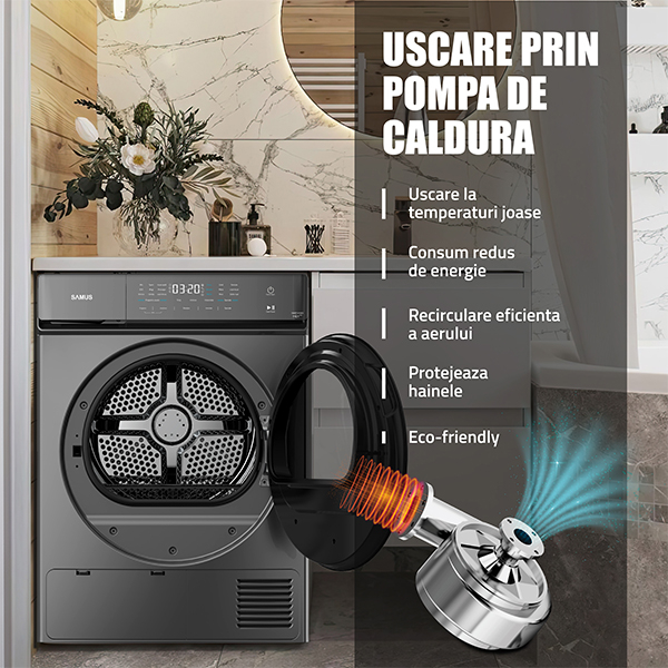 Uscator de rufe, capacitate 9 kg, pompa de caldura, 15 programe, afisaj electronic, Gri inchis, SAMUS [6]