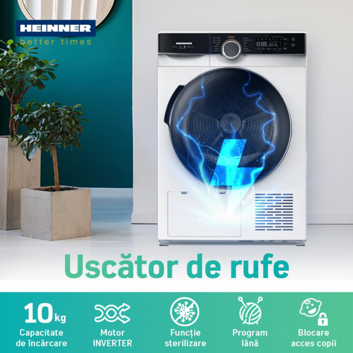 Uscator de rufe cu pompa de caldura, capacitate 10 kg, clasa A++, motor inverter, 14 programe, Heinner [2]