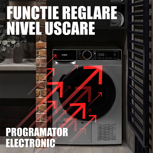Uscator de rufe cu pompa de caldura, capacitate 8 kg, 15 programe, afisaj digital, rotire dublu sens, programator electronic, Antracit, SAMUS [11]