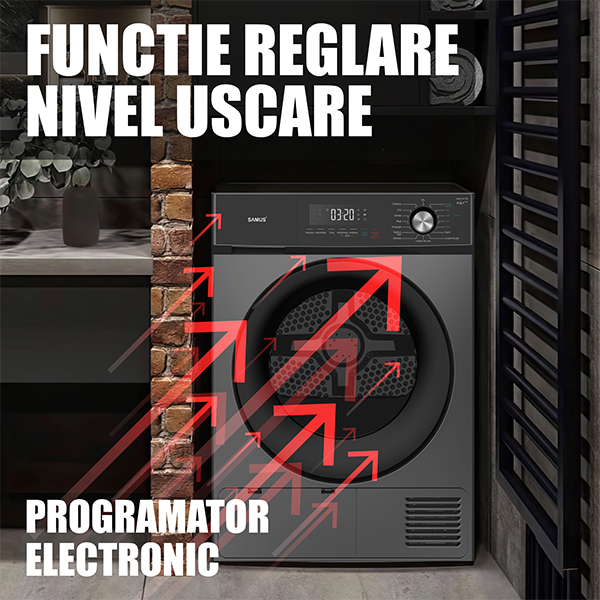Uscator de rufe cu pompa de caldura, capacitate 8 kg, 16 programe, afisaj electronic,, clasa E, Gri inchis, SAMUS [13]