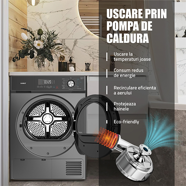 Uscator de rufe cu pompa de caldura, capacitate 8 kg, 16 programe, afisaj electronic,, clasa E, Gri inchis, SAMUS [6]