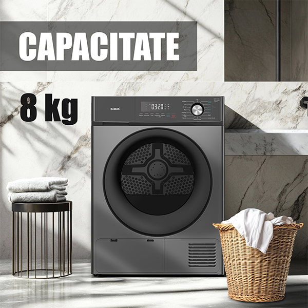 Uscator de rufe cu pompa de caldura, capacitate 8 kg, 16 programe, afisaj electronic,, clasa E, Gri inchis, SAMUS [8]