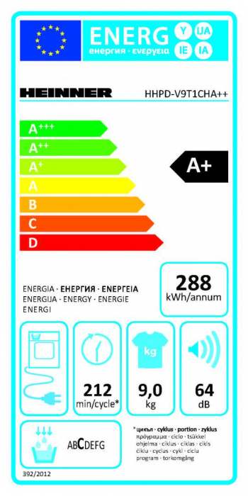 Uscator de rufe cu pompa de caldura, capacitate 9 Kg, 15 programe, panou Led, clasa A+, Alb, Heinner [4]