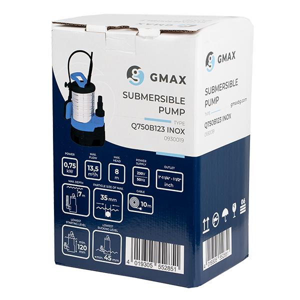 W, Pompa de drenaj, apa murdara, plutitor, corp inox, 13.5 m3/h, aspiratie 7m, 1"-1 1/2", Gmax [2]