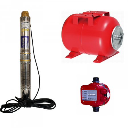 Pompe Adancime - Pompa apa submersibila, DDT 8 turbine, 10m cablu, 1100W, + Presostat Raider 2200W + Bazin hidrofor 50L