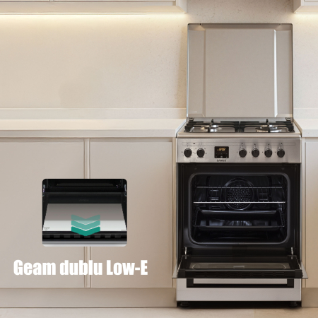 Aragaz mixt, 4 arzatoare gaz, aprindere electrica, lumina, cuptor electric, grill, timer, cuptor 56L, 7 functii, INOX, SAMUS [16]