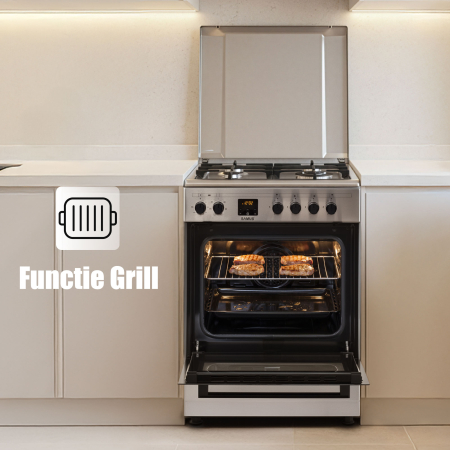 Aragaz mixt, 4 arzatoare gaz, aprindere electrica, lumina, cuptor electric, grill, timer, cuptor 56L, 7 functii, INOX, SAMUS [13]