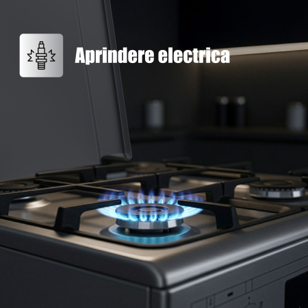Aragaz mixt, 4 arzatoare gaz, aprindere electrica, lumina, cuptor electric, grill, timer, cuptor 56L, 7 functii, INOX, SAMUS [10]