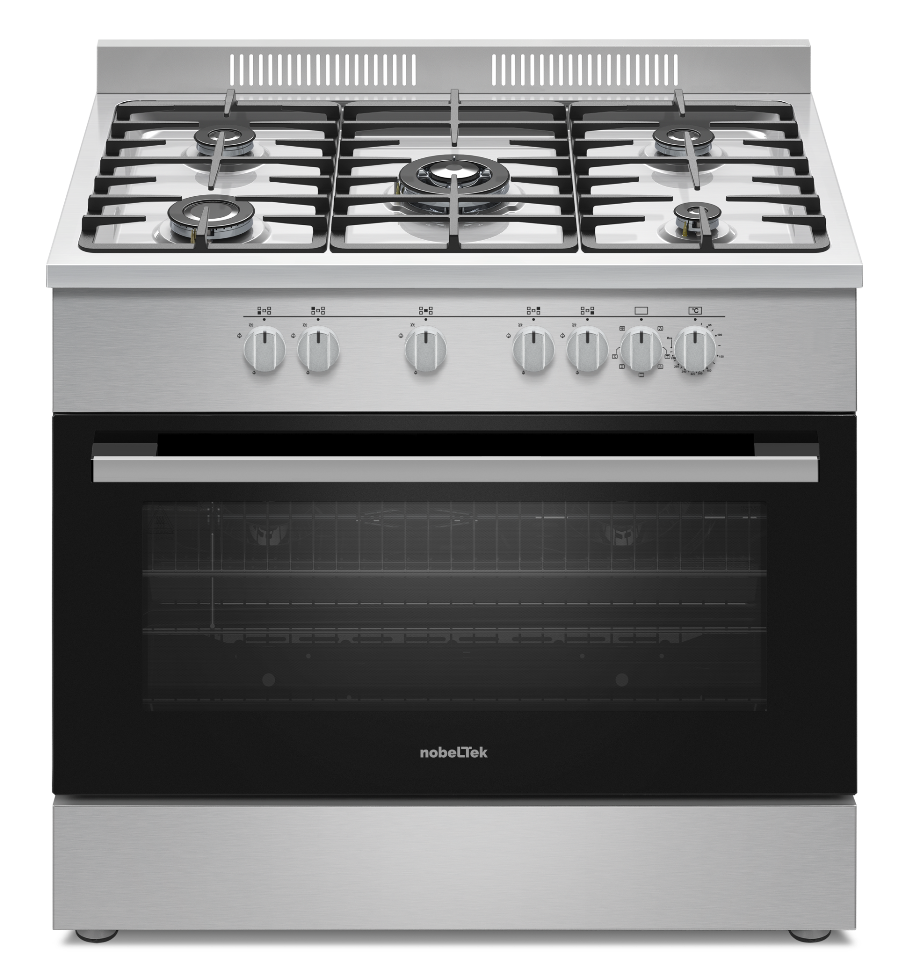Casa & Gradina - Aragaz cu cuptor electric, 110 l, 5 arzatoare, WOK (flacara tripla), aprindere electrica, lumina, rotisor, grill, gratare fonta, INOX, NOBELTEK