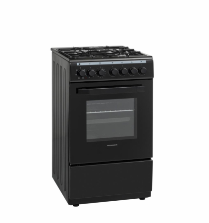 Aragaz cu cuptor electric, 4 arzatoare gaz, 50 x 60 cm, aprindere electrica, lumina, ventilatie, grill, timer, 6 functii, Negru, HEINNER [1]