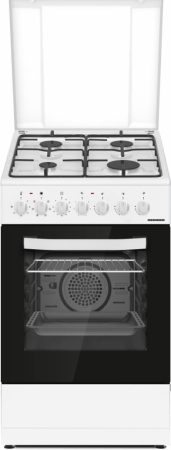 Casa & Gradina - Aragaz cu cuptor electric, 4 arzatoare gaz, 50 x 60 cm, aprindere electrica, lumina, ventilatie, grill, timer, 7 functii, Alb, HEINNER
